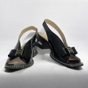 Luxury Black Patent Leather Slingback Heels – Handmade Bow Peep Toe Sandals with Block Heel