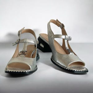 Silver Metallic Leather Heeled Sandals – Geometric Block Heel, Modern Strappy Open Toe Shoes