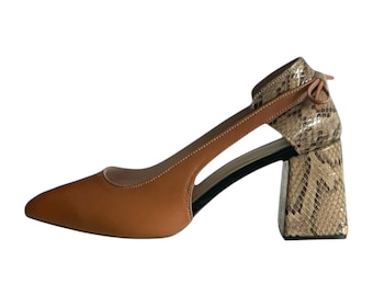 Leather Brown Pumps for Women | Handmade Heels with Snake Accent