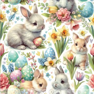 May include: A white background with a repeating pattern of Easter bunnies, flowers, and eggs. The bunnies are white and brown with long ears and are holding Easter eggs. The flowers are yellow daffodils, pink tulips, and blue forget-me-nots. The eggs are blue, green, and pink.
