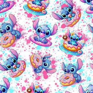 May include: A repeating pattern featuring the blue alien character Stitch in various poses with pink frosted donuts, colorful sprinkles, and ice cream treats, set against a white background with vibrant pink and blue paint splatters.