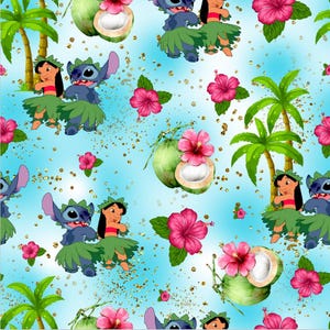 May include: A repeating pattern on a light blue background featuring Stitch and Lilo dancing in green hula skirts, green palm trees, pink hibiscus flowers, and halved coconuts, all accented with scattered gold glitter particles throughout the design.