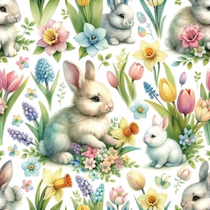 Tessuto di cotone floreale con coniglietto primaverile, coniglietti pasquali e fiori pastello, tessuto con coniglietto per bambini, trapuntatura, cucito, decorazioni per la casa a mezzo metro
