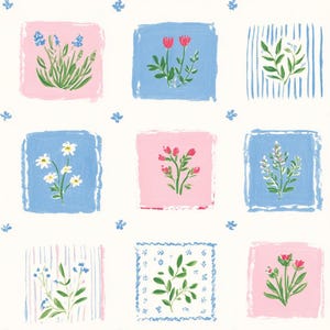 May include: A white fabric featuring a grid of square panels with painted floral illustrations in pink and blue. The squares contain various green plants, red buds, and white daisies, interspersed with small blue flower motifs on the white background.