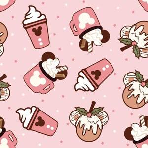 May include: A pink background with a repeating pattern of pink and white mugs, cups, and desserts with Mickey Mouse ears. The mugs and cups have whipped cream and chocolate sticks on top. The desserts are topped with whipped cream and a red berry.