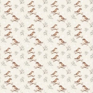 May include: A seamless pattern featuring a repeating design of brown birds perched on branches against a light beige background with a subtle white speckled texture. The branches are stylized and the birds are depicted in a simple, minimalist style.
