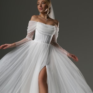 Boho wedding dress, Ethereal Wedding Dress with Corset, Off-Shoulder Sleeves, and Voluminous Tulle Skirt,  Elegant Handmade Wedding Dress.