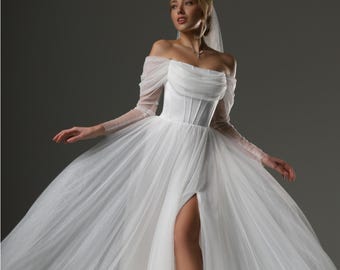 Boho wedding dress, Ethereal Wedding Dress with Corset, Off-Shoulder Sleeves, and Voluminous Tulle Skirt,  Elegant Handmade Wedding Dress.