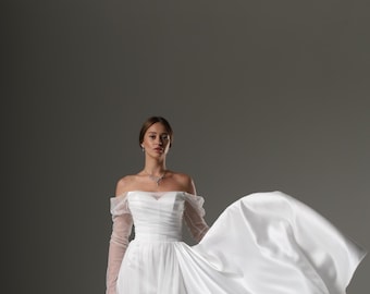 Elegant A-Line Bridal Gown with Flowing Satin and Tulle Details, Elegant Handmade Wedding Dress, elopement dress, simple wedding dress, boho