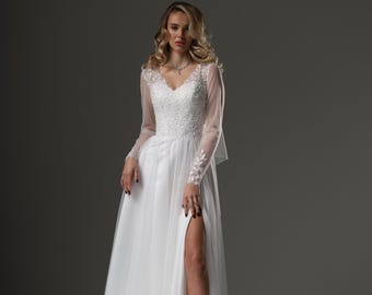 Romantic Lace & Chiffon Wedding Dress with Sheer Sleeves and Slit, Handmade Wedding Dress, elopement dress, reception dress,wedding dress,