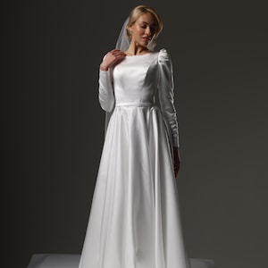 Minimalist Satin Wedding Dress with Long Sleeves and Corset Back, Elegant Handmade Wedding Dress, elopement dress, simple wedding dress