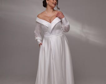 Minimalist Satin Off-the-Shoulder A-line Wedding Dress with Pockets, Elegant Bridal |