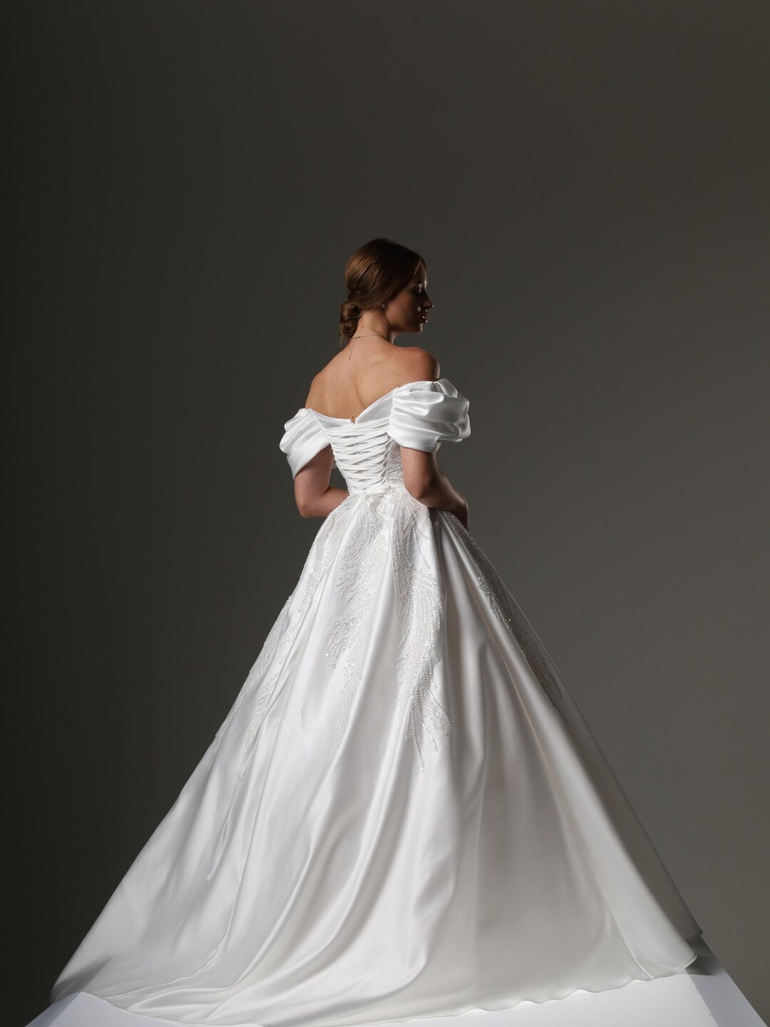 Off Shoulder Satin Ball Gown Wedding Dress With Beaded Details ...