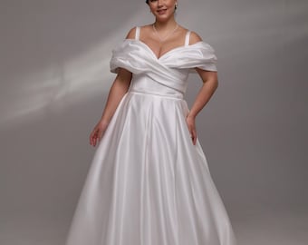 Elegant Off-Shoulder Satin Wedding Dress with Puffy Sleeves and Corset Back, Handmade Wedding Dress, civil wedding dress, reception dress,