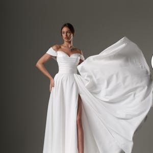 Elegant Off-Shoulder Wedding Dress with Slit, Classic Bridal Gown, Flowing A-Line Wedding Dress, Handmade Wedding Dress, elopement dress