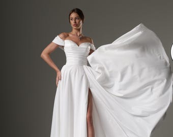 Elegant Off-Shoulder Wedding Dress with Slit, Classic Bridal Gown, Flowing A-Line Wedding Dress, Handmade Wedding Dress, elopement dress