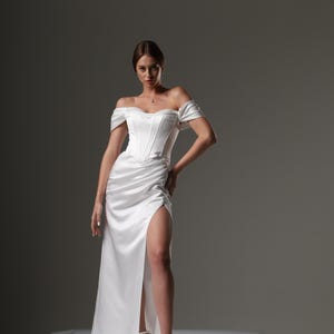 Off-Shoulder Satin Wedding Dress with Corset Bodice & Slit Skirt,Handmade Wedding Dress, elopement dress,reception dress,wedding dress,boho