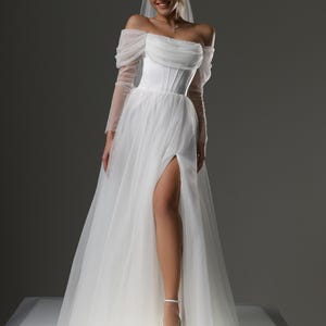 Off Shoulder Tulle Wedding Dress with Corset Bodice and A-Line Skirt, Leya