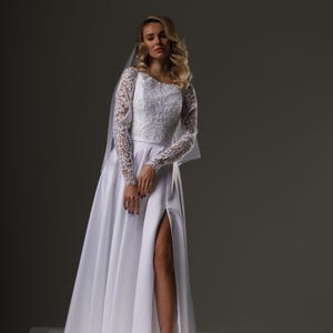 Elegant Lace Long -Sleeve Wedding Dress with Slit, Handmade Wedding Dress, elopement dress, simple wedding dress, civil wedding dress, boho.