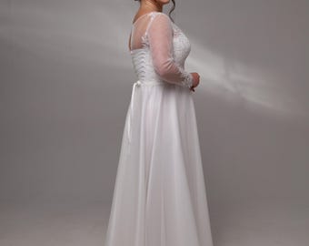 Lace Long Sleeve A-Line Wedding Dress with Tulle Skirt | Marianda XL