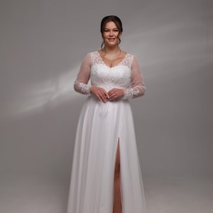 Robe de mariée trapèze grande taille à manches longues avec corsage en dentelle et jupe en tulle, robe de mariée faite main, robe de mariée, robe de mariée bohème