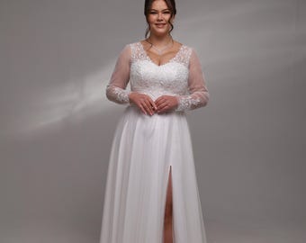 Plus Size Long Sleeve A-Line Wedding Dress with Lace Bodice and Tulle Skirt, Handmade Wedding Dress, wedding dress, boho wedding dress