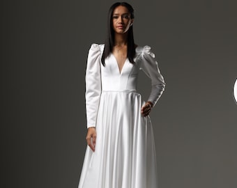 Elegante abito da sposa con scollo a V, strascico e corsetto romantico con lacci, abito da sposa fatto a mano, abito da fuga, abito da sposa semplice, abito civile