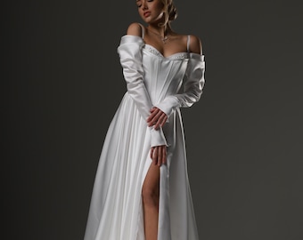 Handmade Satin Wedding Gown: Sweetheart Corset Dress with Detachable Sleeves