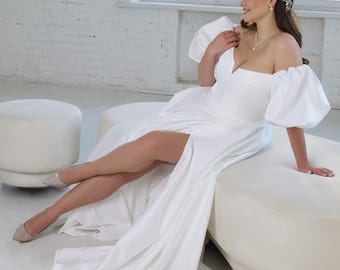 Elegant A-Line Bridal Gown with Corset Back and Romantic Puff Sleeves, Handmade Dress, elopement dress, simple dress, boho wedding dress