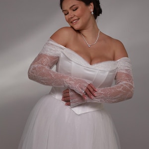 Elegant Off-Shoulder Corset Wedding Dress with Lace Sleeves and Tulle Skirt, Handmade Wedding Dress, elopement dress, simple wedding dress.