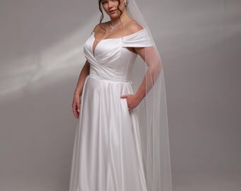 Romantic Plus-Size Wedding Dress with Off-Shoulder Sleeves, Draped Bodice, and High Slit, Elegant Handmade Wedding Dress, boho wedding dress