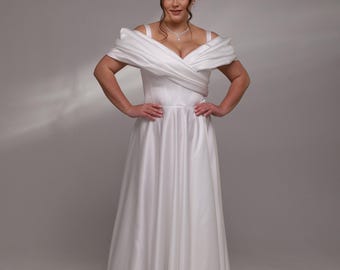 Elegant Plus Size Off Shoulder Wedding Dress with Slit, Elegant Handmade Wedding Dress, elopement dress, simple wedding, boho wedding dress.