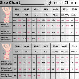 May include: Size chart for clothing with measurements in inches and centimeters. The chart shows the size range for different body measurements, including chest, waist, and hip circumference. The chart also includes the corresponding size labels, such as XXS-S, XS-S, M-L, L-XL, XL-XXL, XXL-XXXL, and XXXL++.