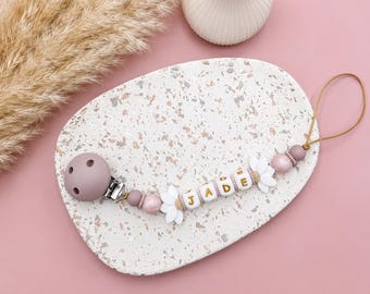 attache tétine demie fleur fille personnalisée – 100% silicone alimentaire - attache sucette silicone avec prénom – cadeau naissance bébé