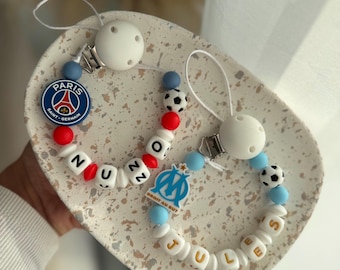 Attache tétine personnalisé Olympique de Marseille football OM PSG fan Marseille Paris saint germain / attache sucette en silicone