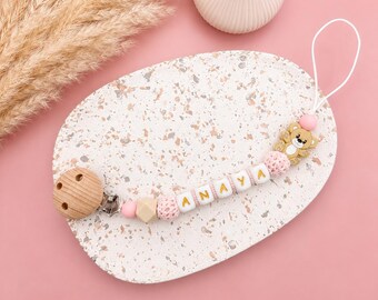 attache tétine ours ourson nounours personnalisée – attache sucette silicone avec prénom – cadeau naissance bébé