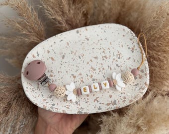 attache tétine boule crochet laine demie fleur fille personnalisée – attache sucette silicone avec prénom – cadeau naissance bébé