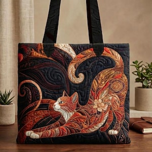 May include: Quilted tote bag with a detailed design of an orange and white cat stretching on a dark blue background. The cat is decorated with orange, brown, and gold patterns. The bag has black handles and is likely made of fabric.
