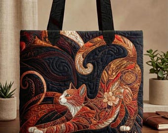 Custom Stained Glass Cat Tote Bag | Personalized Quilted Style Art | Colorful Patchwork Cat Gift