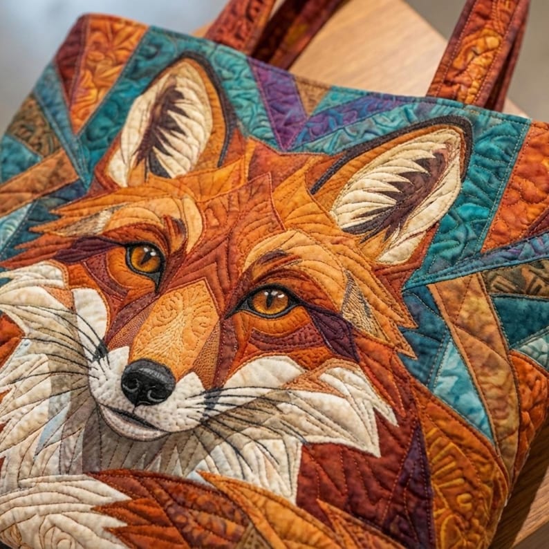 May include: A quilted tote bag featuring a detailed fox face design. The bag showcases a vibrant color palette of orange, brown, teal, and purple. The fox's eyes are a striking amber color, and the bag has sturdy handles.