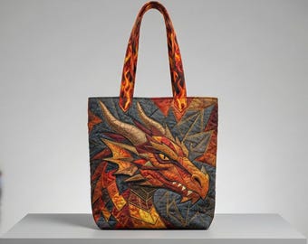 Dragons Tote Bag, Shoulder Bag, Faux Quilted Fire Dragon Design