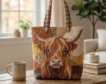 Custom Cow Tote Bag | Rustic Farmhouse Animal Gift | Quilted Style Cow Print Shopper | Country Girl Gift