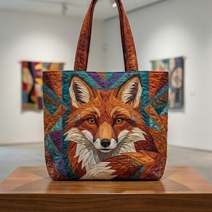 Peut inclure: Un sac fourre-tout matelassé avec un motif de visage de renard. Le sac a une poignée marron et une palette de couleurs vibrantes d'orange, de sarcelle, de violet et de marron. Le visage du renard est centré sur le devant du sac.