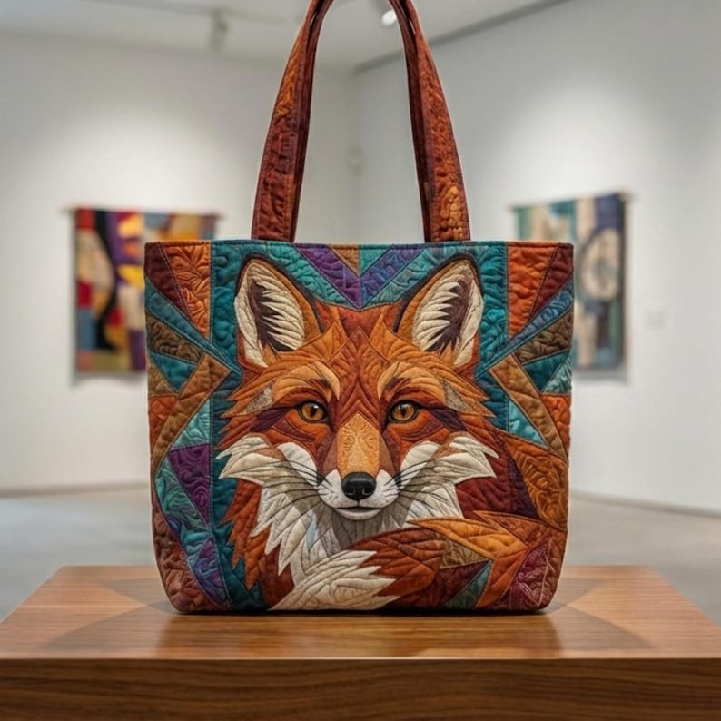 May include: A quilted tote bag featuring a detailed fox face design. The bag has a brown handle and a vibrant color palette of orange, teal, purple, and brown. The fox's face is centered on the front of the bag.