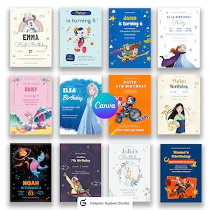 May include: A collection of nine colorful birthday party invitations featuring various Disney characters. The invitations are designed with a variety of themes, including Mickey Mouse, Elsa, Mulan, and more. Each invitation includes the name of the birthday child, their age, and the date and time of the party.