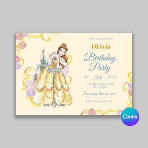 Plantilla de invitación de cumpleaños de La Bella y la Bestia, tarjeta digital, invitación de cumpleaños editable para fiesta de cumpleaños familiar, plantilla de tarjeta de regalo
