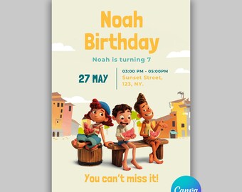 Op de afbeelding: Een verjaardagsuitnodiging met een cartoonillustratie van drie kinderen die op een bankje zitten en watermeloen eten. De uitnodiging is voor Noah's 7e verjaardagsparty op 27 mei van 15:00 tot 17:00 uur in Sunset Street, 123, NY. De tekst "You can't miss it!" is geschreven in een speels lettertype.