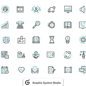 Könnte beinhalten: Ein Satz von 48 schwarzen und blauen Linien-Icons, die verschiedene Geschäfts- und Marketingkonzepte darstellen. Die Icons beinhalten Symbole für Kommunikation, Finanzen, Technologie und mehr.