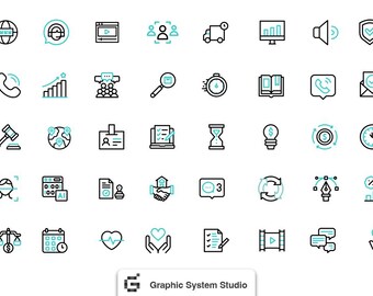 May include: A set of 48 black and blue line icons depicting various business and marketing concepts. The icons include symbols for communication, finance, technology, and more.