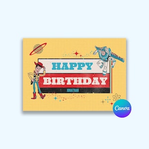 Modèle de carte d'anniversaire Toy Story Carte numérique d'anniversaire Carte d'anniversaire modifiable pour la famille Modèle de carte-cadeau de fête d'anniversaire